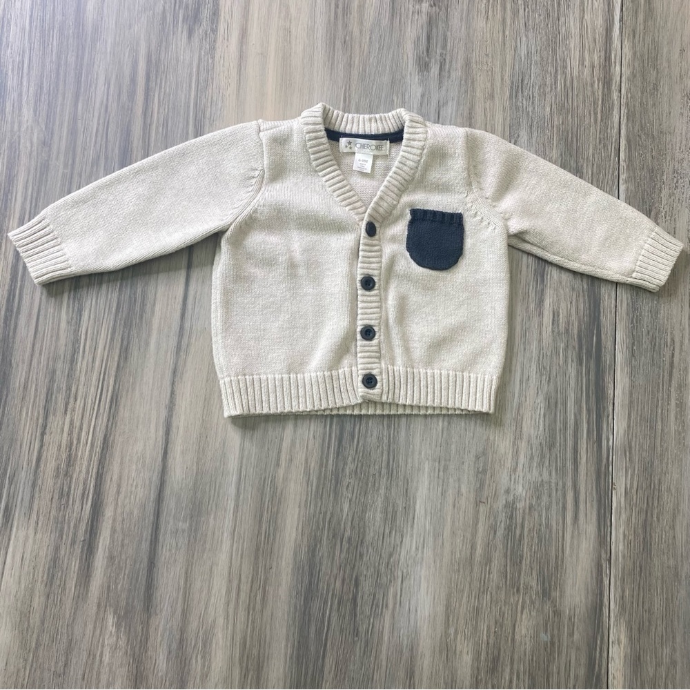 Cherokee Sweater Button Up Cardigan in Tan color with Navy Blue size 6-9 months